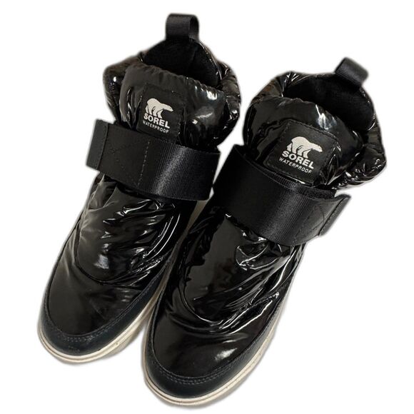 Sorel Joan of Arctic Next Strap Puff Boot Shiny Black Nylon Waterproof Sneaker - Picture 2 of 11